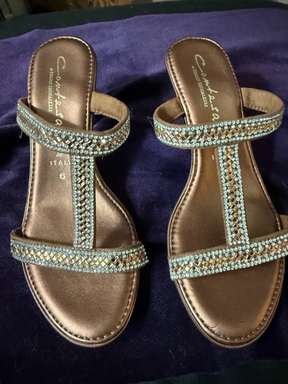 comtesa Italy Brown T-strap Jeweled Slide heels with silver Gold rhinestones
